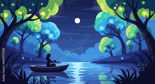 Serene nightscape illustration: Silhouette fishing under the moonlight on a tranquil lake