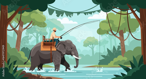 Illustration of a fisherman riding an elephant fishing in a tropical river landscape