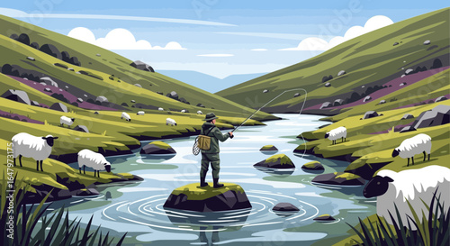 Angler's Serenity: Casting a Line in a Tranquil River Valley surrounded by Nature