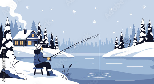 A serene winter scene with a fisherwoman enjoying peaceful ice angling near cozy cabin