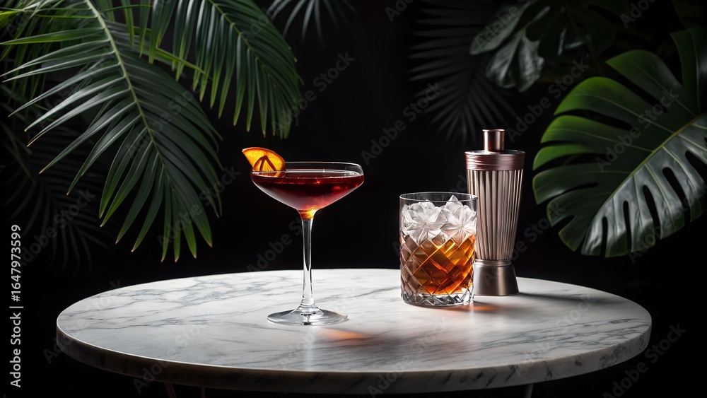 Elegant cocktails with shaker on marble table surrounded by tropical leaves Elegant cocktails with shaker on marble table surrounded by tropical leaves