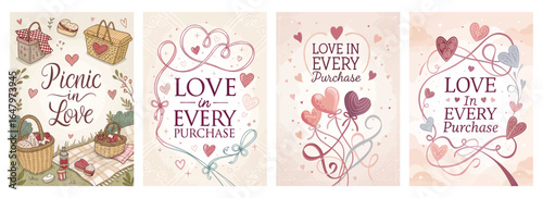 Charming illustrated cards featuring picnic and love themes with delicate heart motifs.