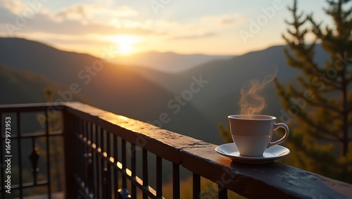 A cup of coffee on a balcony overlooking mountains at sunrise or sunset view