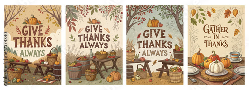 Four seasonal autumn themed cards celebrating gratitude with vibrant illustrations and warm colors.