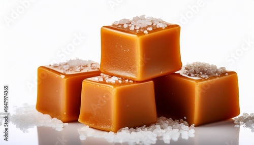 close up of a stack of golden salted caramel cubes with a sprinkle of coarse sea salt on top isolated on a white background