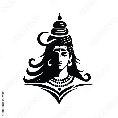 Black deity face with flowing hair and beads white
