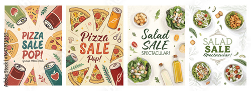 A vibrant collage featuring colorful pizza and salad promotional posters, perfect for food enthusiasts.