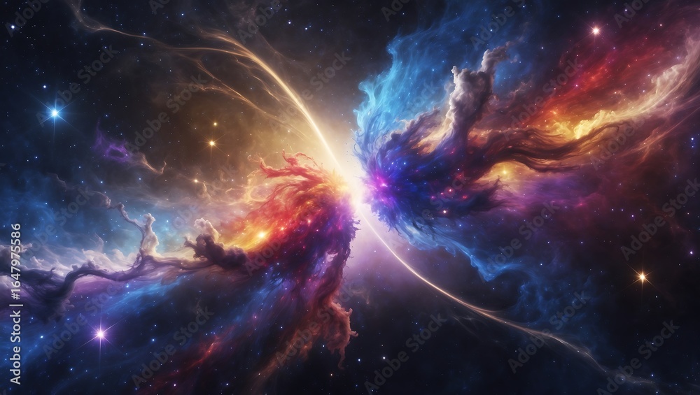 Fototapeta premium Cosmic Nexus A Celestial Dance of Interstellar Clouds and Starlight, Revealing the Vibrant Dynamics of Galactic Collision in the Deep Expanse of the Universe