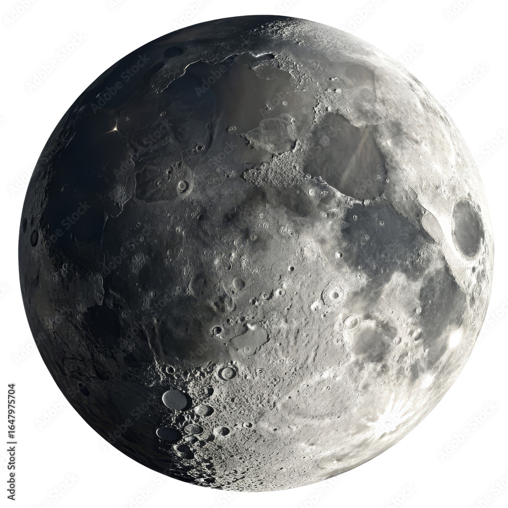 Naklejka premium Detailed Lunar Surface 3D Rendered Moon Isolated on Transparent Background, space, astronomy, moon, celestial, satellite