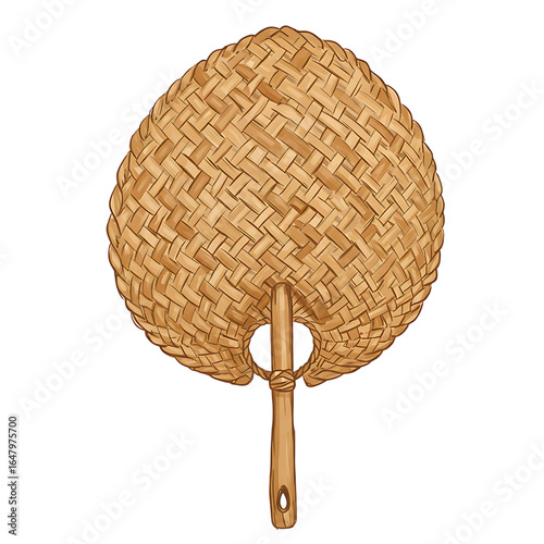 Of round woven straw hand fan with a perforated handle, isolated on transparent background