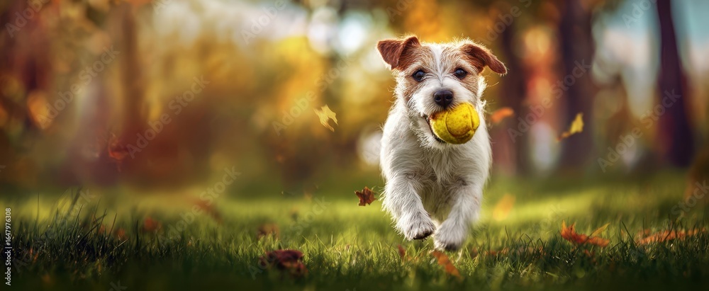 Fototapeta premium The dog joyfully running through autumn park with a yellow tennis ball in mouth