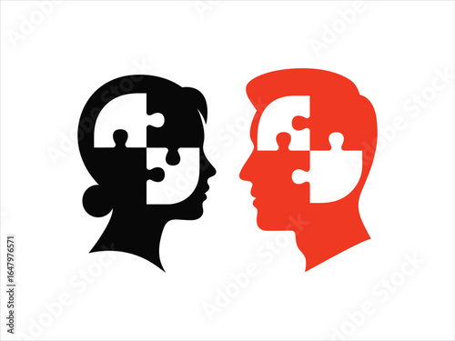 Black white red heads puzzle profile silhouette