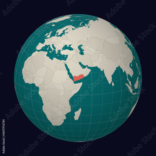 Yemen on the map. Globe centered to Yemen. Country location on the world map. Teal Pale Mint color palette. Globe with countries, meridians and parallels. Charming vector illustration.