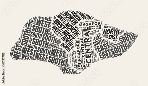 Singapore Word Cloud. Country with regions division. Singapore typographic text clouds vector image design. Vintage gazette style country shape image. Modern vector illustration.