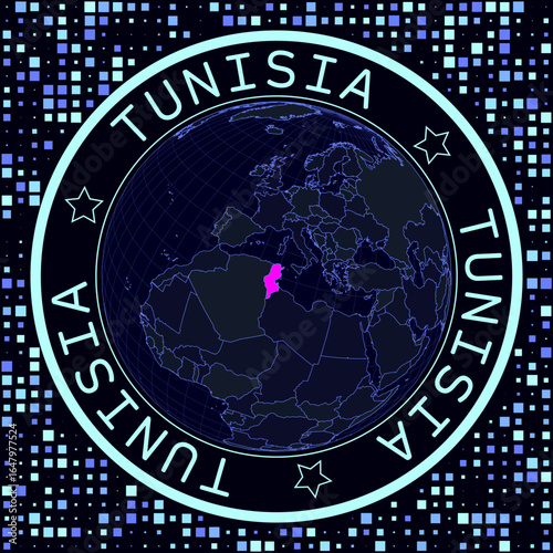 Tunisia on globe vector. Futuristic satelite view of the world centered to Tunisia. Geographical illustration with shape of country and squares background. Bright neon colors on dark background.
