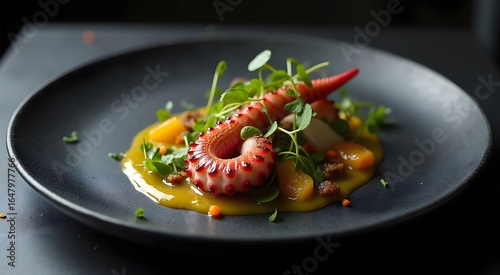 Wallpaper Mural Gourmet Grilled Octopus Dish:  Elegant Dark Plate,  Citrus Sauce, Microgreens.
 Torontodigital.ca