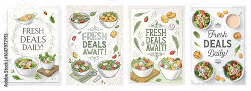 Colorful illustrations of fresh salads with text promoting daily deals, creating a vibrant and inviting atmosphere.