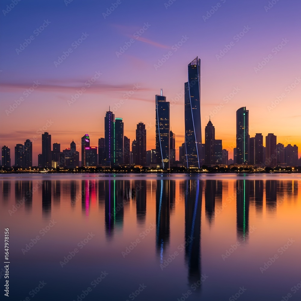 Obraz premium Futuristic city skyline reflected in calm water at dusk