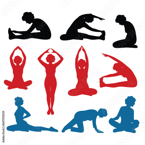 Silhouettes of women performing yoga poses fitness exercise