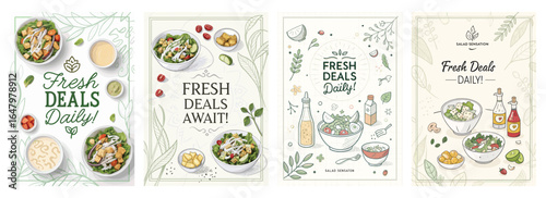 Colorful salad illustrations featuring fresh ingredients with vibrant designs promoting daily deals.