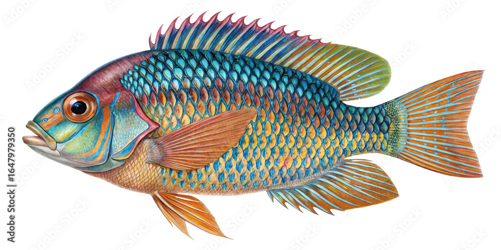 Fototapeta premium Vibrant Rainbow Fish Illustration Detailed Painting, Isolated on Transparent Background, Tropical Fish Art, Fish, Illustration, Aquatic