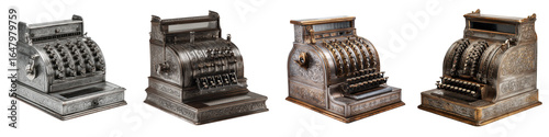 Antique metal cash register collection with intricate vintage design and detailed craftsmanship, showcasing classic mechanical keys and elegant