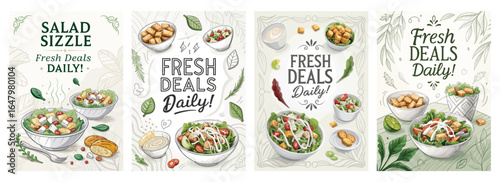 Colorful illustrated advertisement for fresh salads with vibrant greens and healthy ingredients.