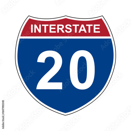 Interstate 20. Interstate highway sign. Road number. Signpost indicating route numbers in the U.S. Interstate Highway System. Even numbers run west to east. Odd numbers run north to south.