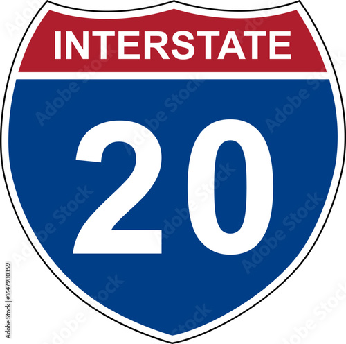 Interstate 20. Interstate highway sign. Road number. Signpost indicating route numbers in the U.S. Interstate Highway System. Even numbers run west to east. Odd numbers run north to south.