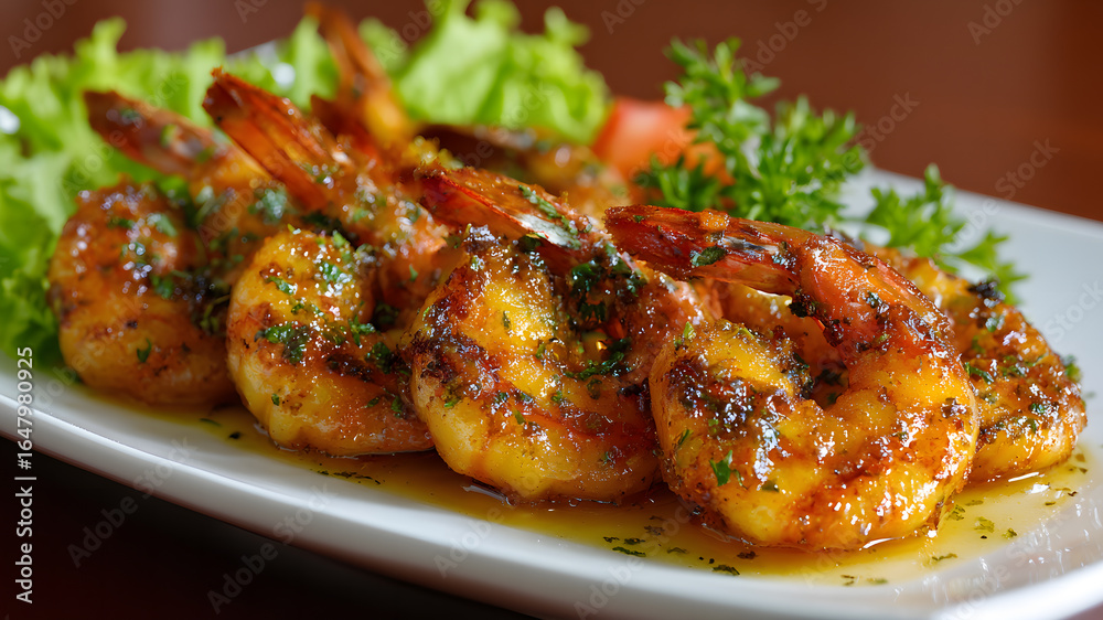Ultra HD Delicious grilled shrimp served on a white plate with fresh lettuce, tomato, and parsley garnish, a gourmet seafood dish perfect for a restaurant meal or a healthy dinner Ultra HD Delicious grilled shrimp served on a white plate with fresh lettuce, tomato, and parsley garnish, a gourmet seafood dish perfect for a restaurant meal or a healthy dinner