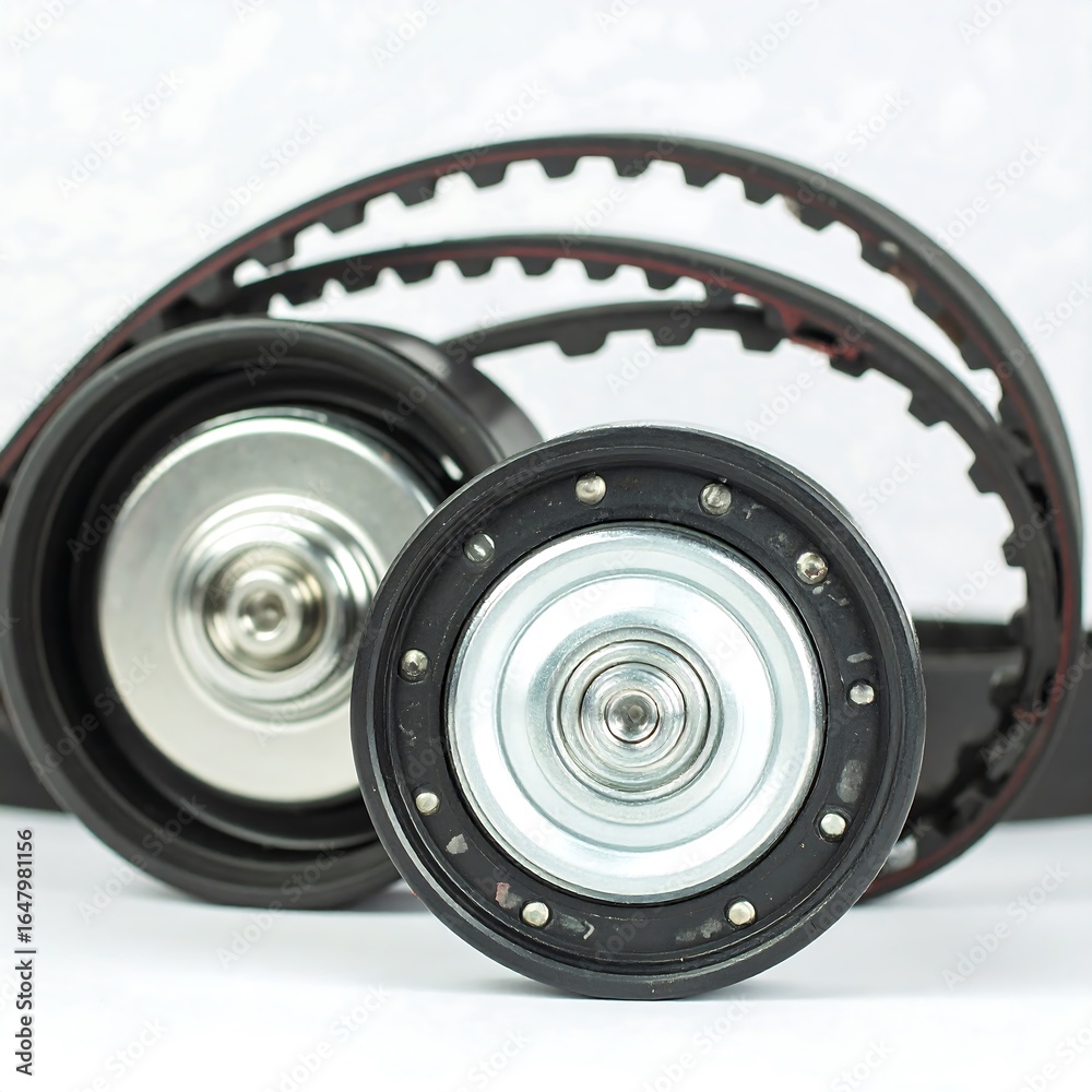 Obraz premium Close-up of car engine belts and pulleys