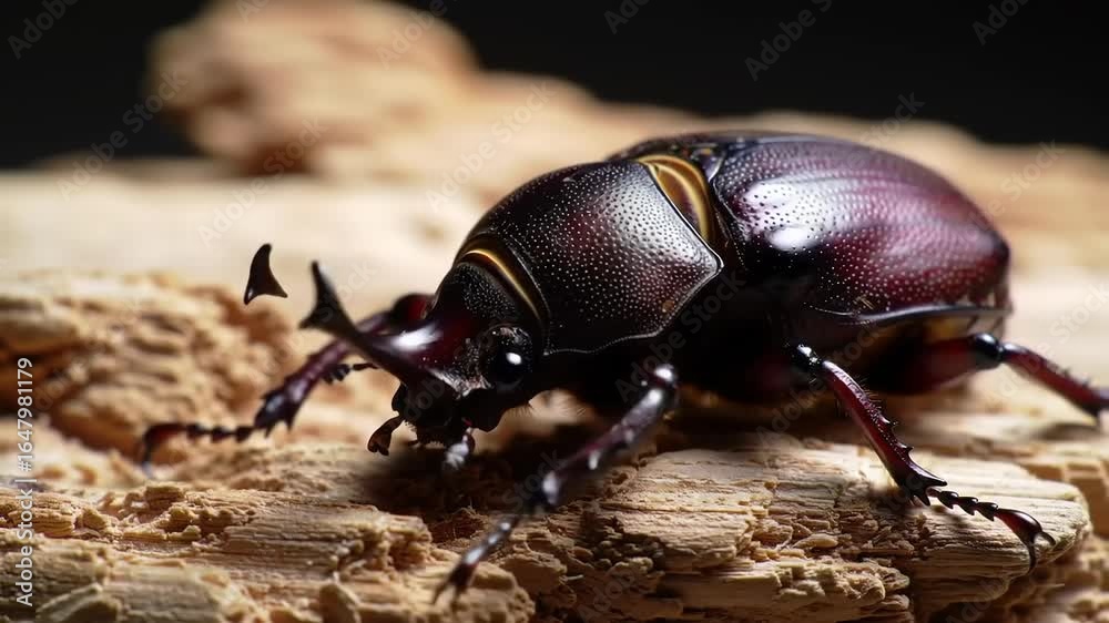 Close-up of a rhinoceros beetle on wood Close-up of a rhinoceros beetle on wood
