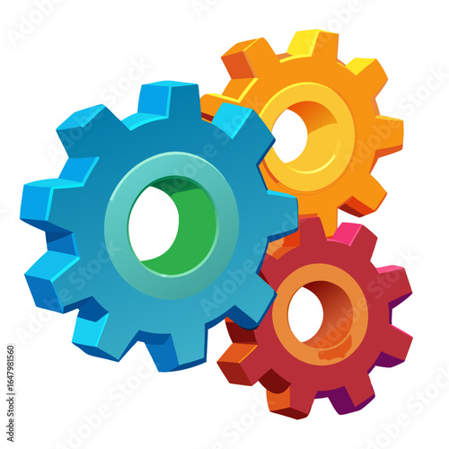 Three colorful interlocking gears representing teamwork and mechanical connection