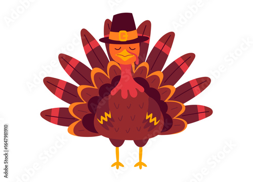 Turkey in pilgrim hat. Thanksgiving element. Autumn holiday. Farmyard Bird Animal. Flat Vector illustration isolated on white background 
