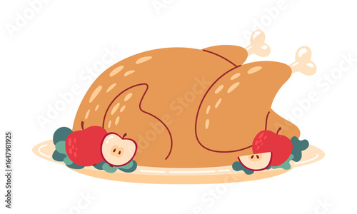 Christmas baked turkey. Cartoon roasted or grilled chicken, duck or goose roast. Traditional dinner. Thanksgiving day. Autumn and winter holiday. Flat Vector illustration isolated on white background 