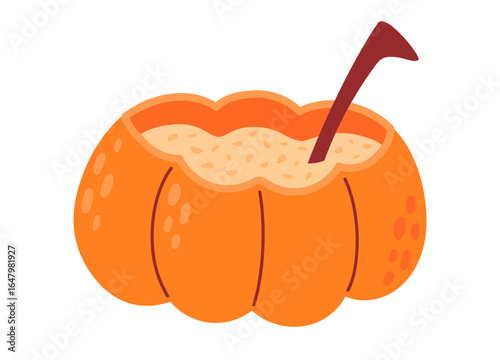 Pumpkin soup served in pumpkin. Traditional dinner. Thanksgiving food. Autumn holiday. Flat Vector illustration isolated on white background 