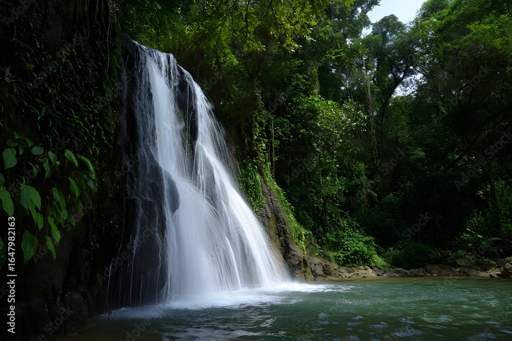 Fototapeta premium Lush jungle waterfall cascading into clear turquoise pool