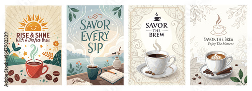 Enjoy a collection of coffee-themed illustrations that celebrate daily rituals amidst a calming environment.