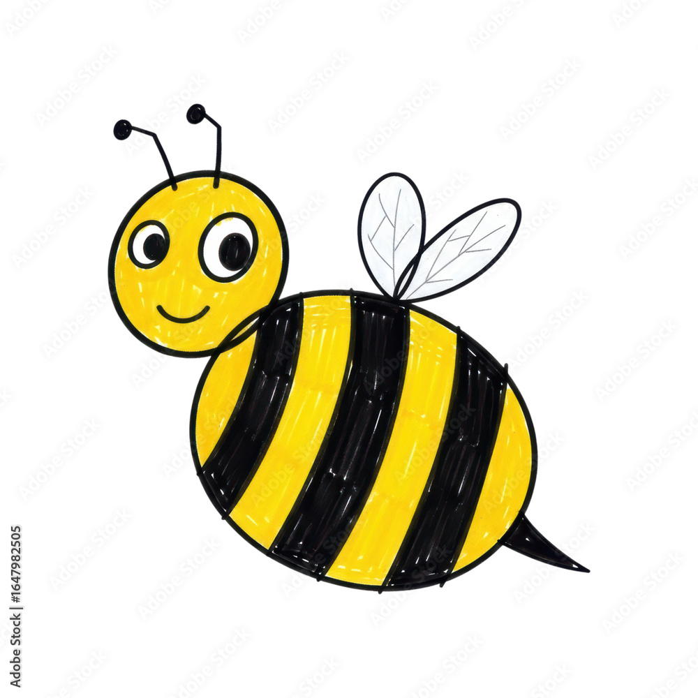 Obraz premium Cute cartoon bee with black and yellow stripes and smiling expression