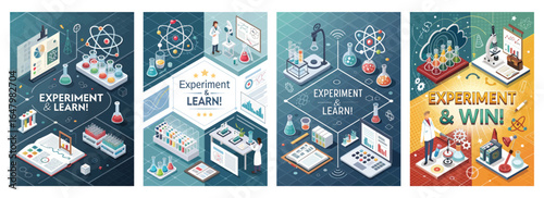 Colorful science-themed illustrations showcasing experiments, laboratory equipment, and learning concepts.