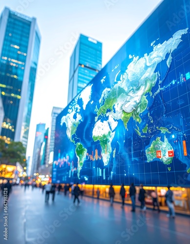 City street with world map projection on building