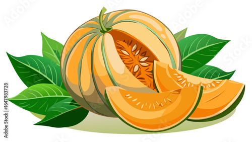 Fresh cantaloupe rests gracefully, its sliced piece revealing juicy orange flesh glistening in gentle light, accompanied by vibrant green leaves, all set against a pure white background with balanced 