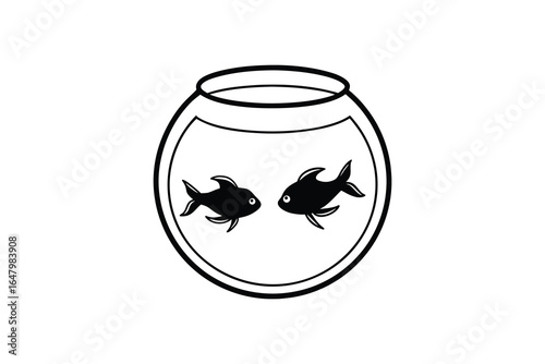 Simple black and white illustration of two fish in a round fishbowl silhouette