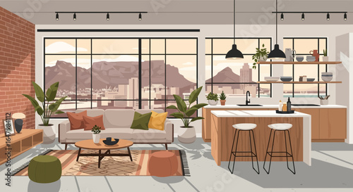 Modern open concept living space with panoramic city view and minimalist decor