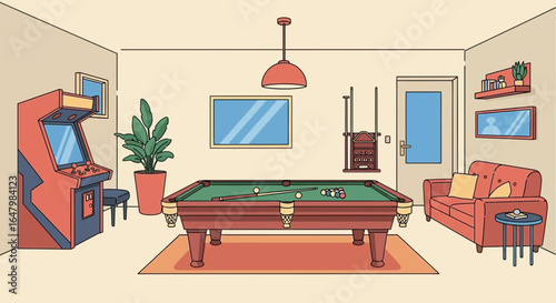 Cozy game room interior featuring a billiard table, arcade machine and seating area