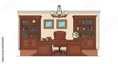 Elegant traditional office interior featuring wooden furniture and bookshelves