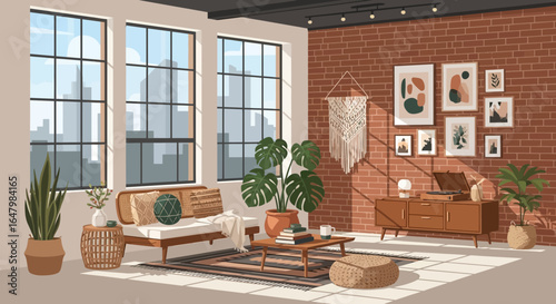 Illustrated loft interior with cityscape view and cozy decor, embodying modern design