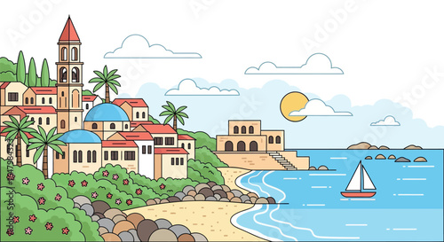 Mediterranean coast town illustration with boat and beach