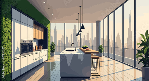 Sophisticated kitchen design with urban cityscape view and natural green wall