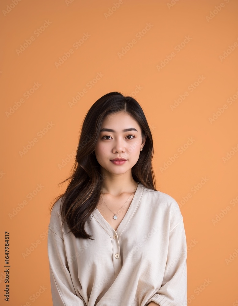Portrait of a young woman with long dark hair wearing a beige shirt on orange background Portrait of a young woman with long dark hair wearing a beige shirt on orange background